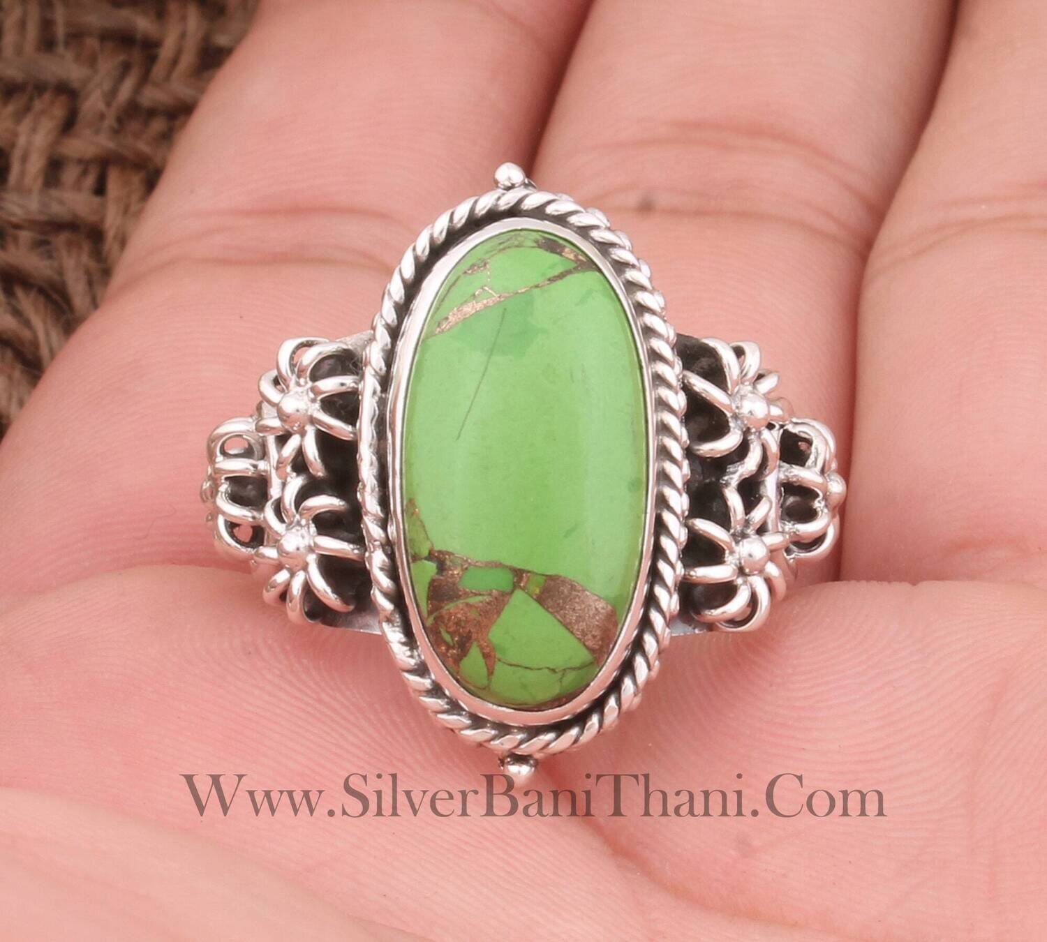 Composite Turquoise Ring,Green Oval Cabochon Ring,925 Sterling Silver Ring,Green Copper Turquoise Ring,Mohave Turquoise Middle Finger Ring