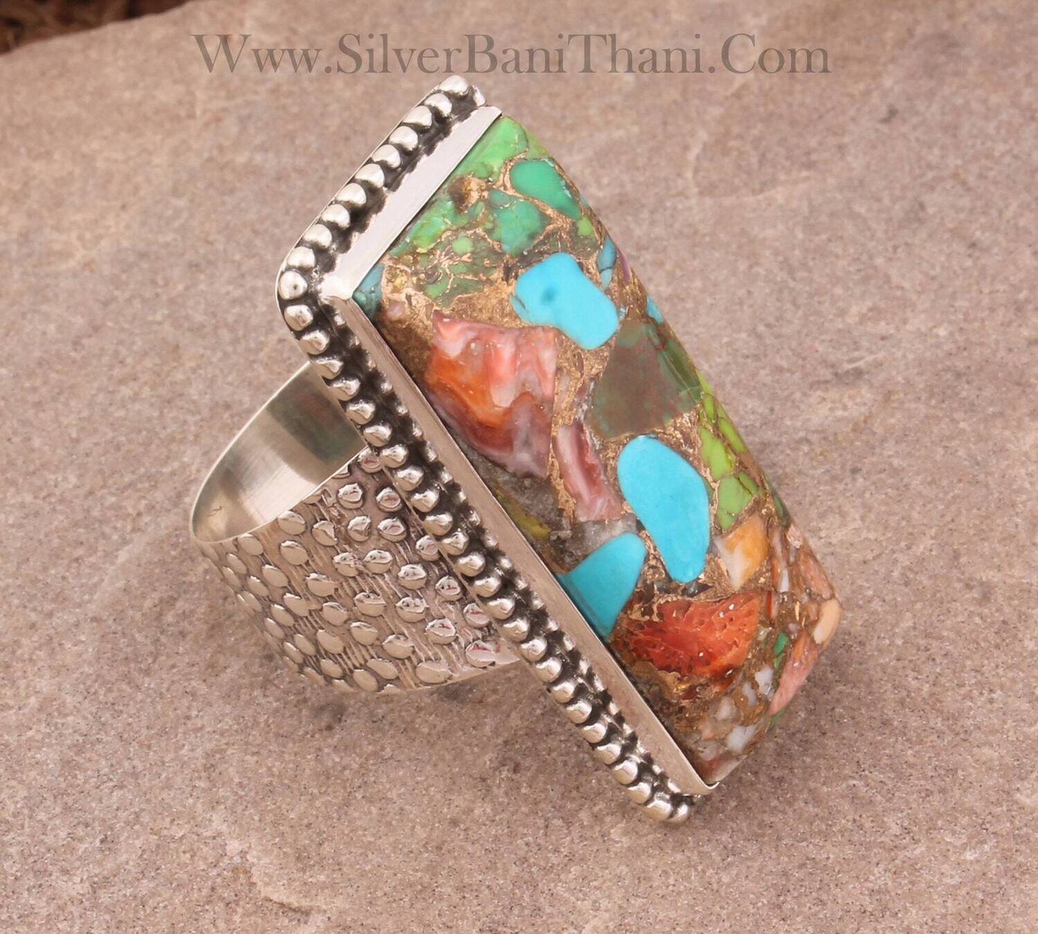 Copper Turquoise Rectangle Bar Gemstone Textured Silver Ring 925 Sterling Silver Ring Turquoise Band Ring Copper Ring For Women Weddings Gifts Idea