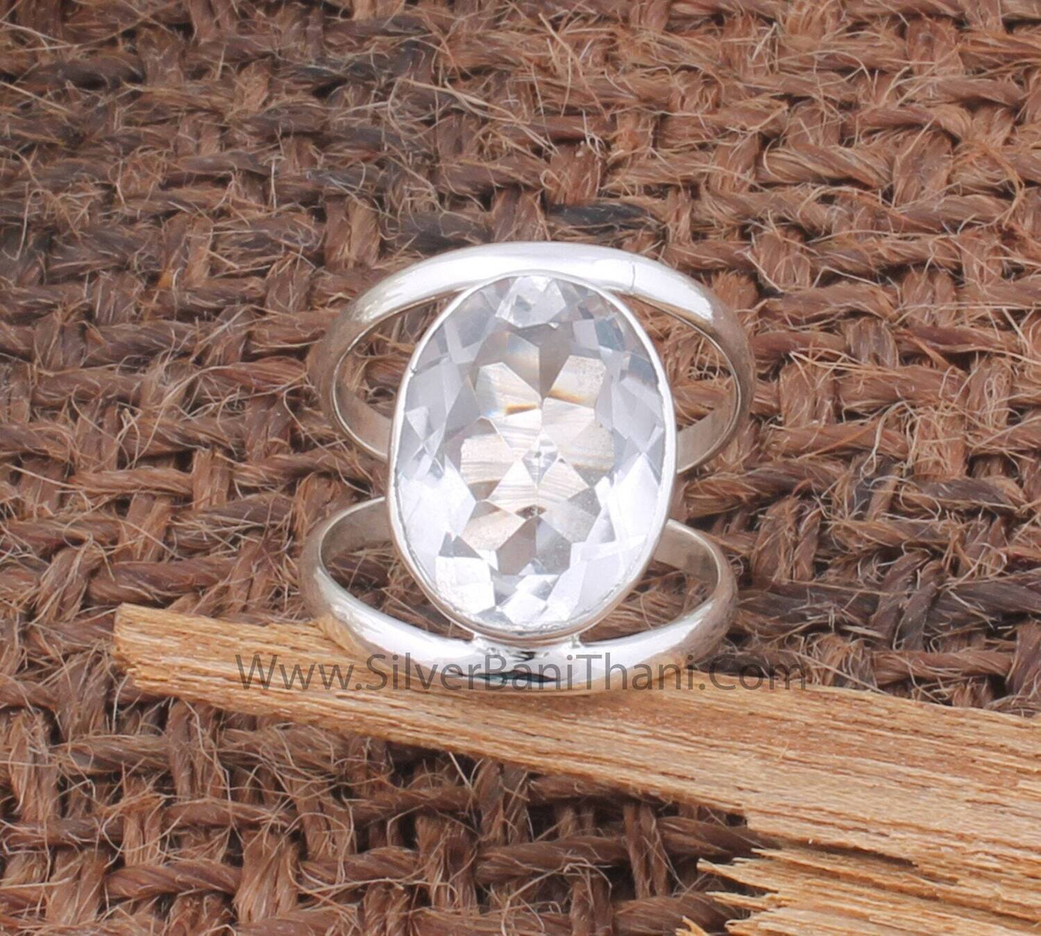 Crystal Quartz Gemstone Silver Ring | 925 Sterling Solid Silver Faceted Cut Oval Shape Stone Ring | Handmade Two Band Ring Gift2022
