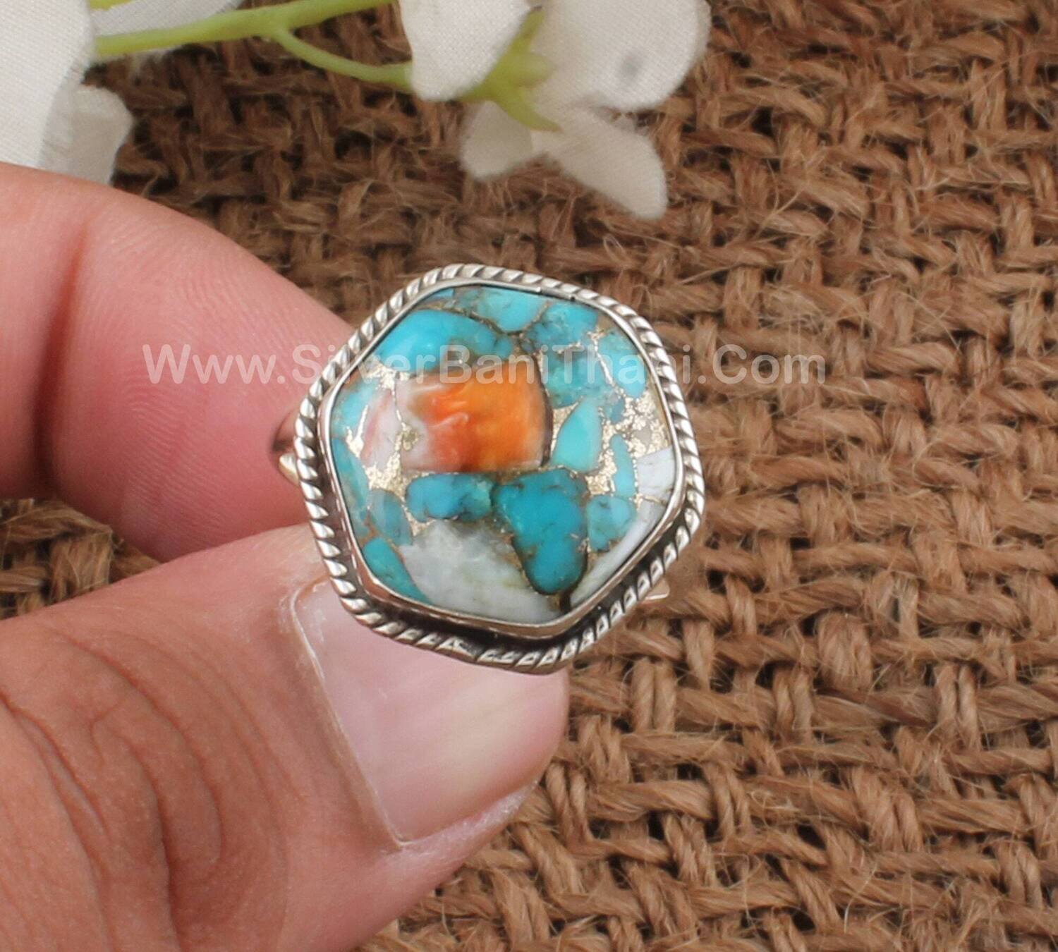 Oyster Copper Turquoise Hexagon Shape Stone Silver Ring | 925 Sterling Silver Smooth Gemstone Ring | Handmade Women Silver Jewelry Gift Idea