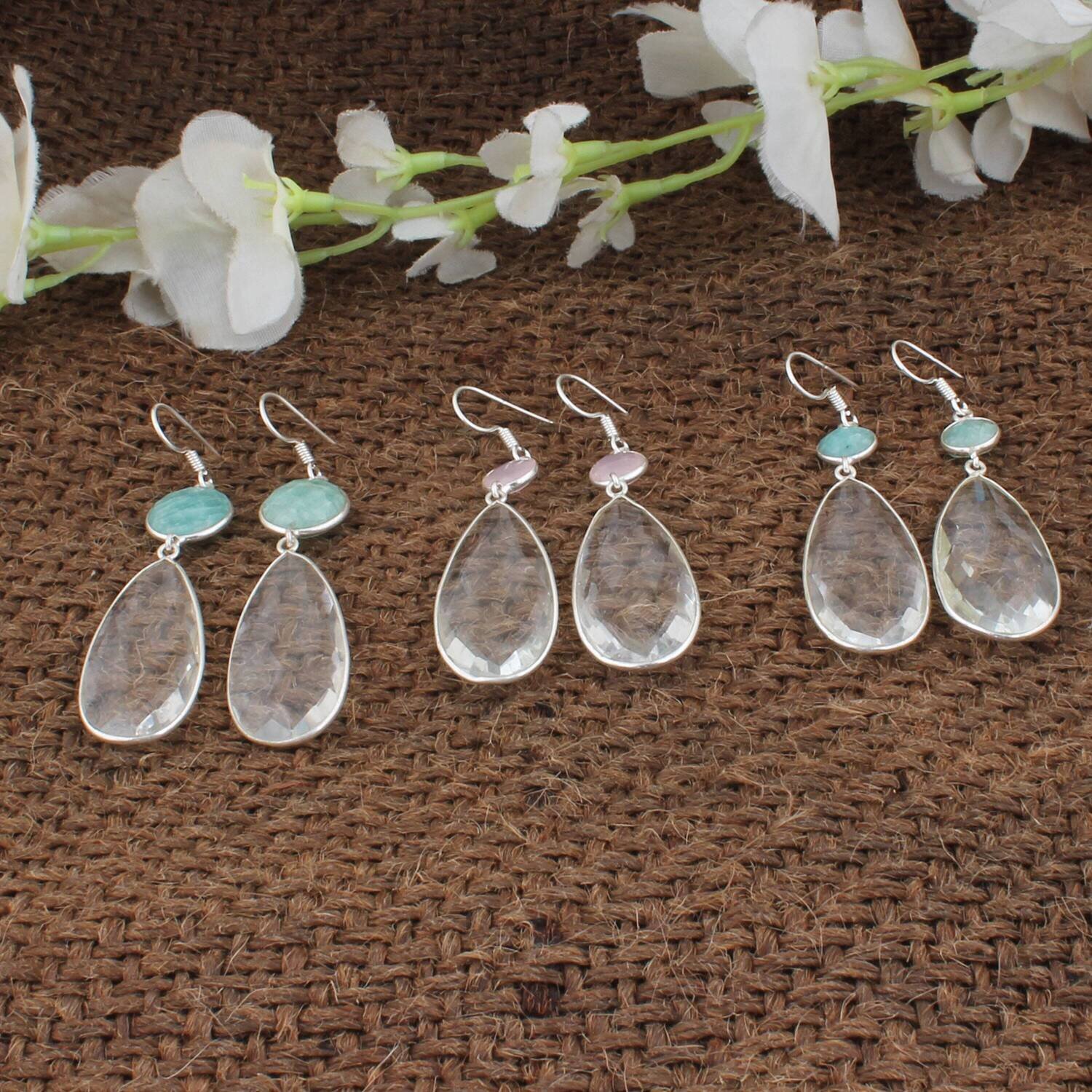 Stone Earring, Bani Thani Silver Stone Earring, Dangle Earring, Amazonite+Rose Quartz+Crystal Combo Earring, Teardrop Earring 2022