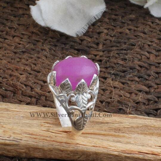 Purple Jade Gemstone Ring, Vine Leaf Design Oval Stone Silver Ring, Middle Finger Cabochon Stone Ring, 925 Sterling Solid Silver Ring, Sales