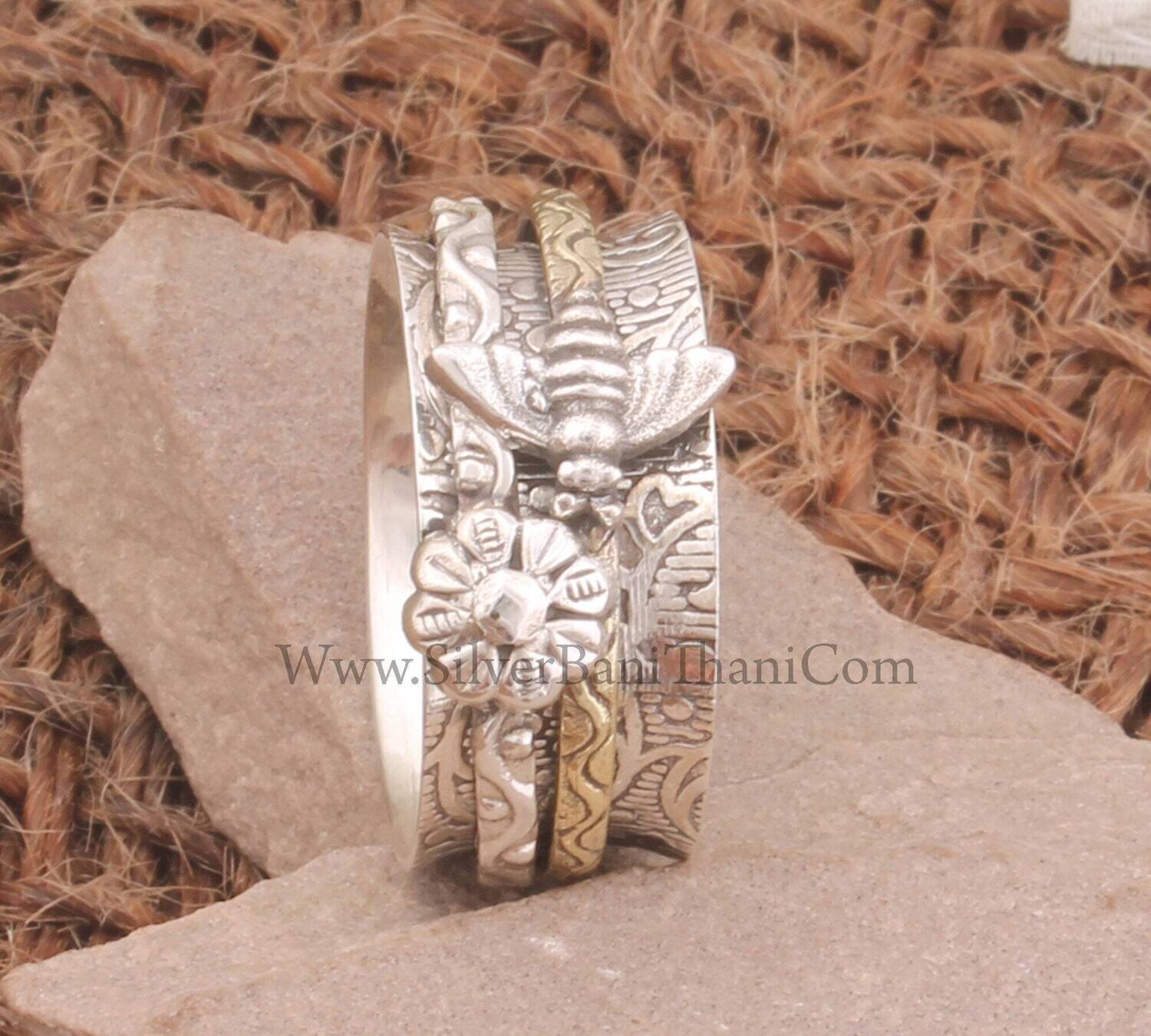 Flower Honey Bee Spinner Ring Solid 925 Sterling Silver &amp; Brass Carved Spinner Ring Meditation Ring Worry Ring Boho Thumb Ring For Women