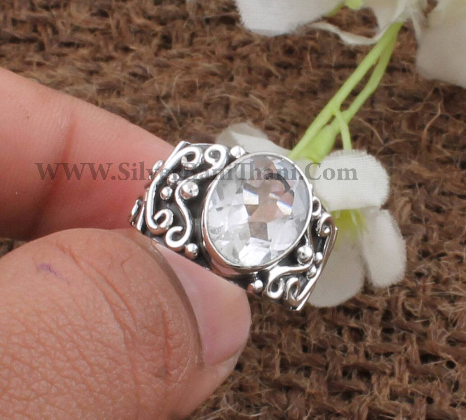 Crystal Quartz Gemstone Silver Ring | 925 Sterling Solid Silver Faceted Cut Oval Shape Stone Ring | Designer Handmade Ring Gift Idea