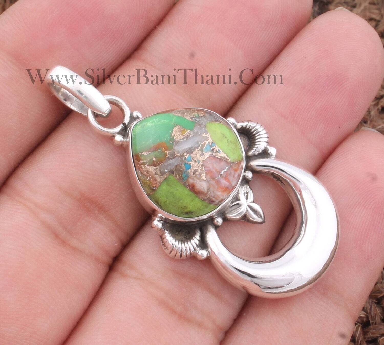 Turquoise Mix Spiny Copper Stone Solid 925 Sterling Silver Necklace Pendant For Women | Handmade Silver Heart Pendant Gifts For Her Birthday