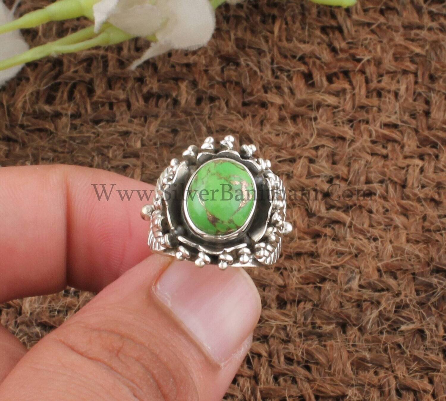 Green Copper Turquoise Oval Gemstone Silver Ring | 925 Sterling Solid Designer Carved Silver Ring | Designer Handmade Jewelry Gift For Women