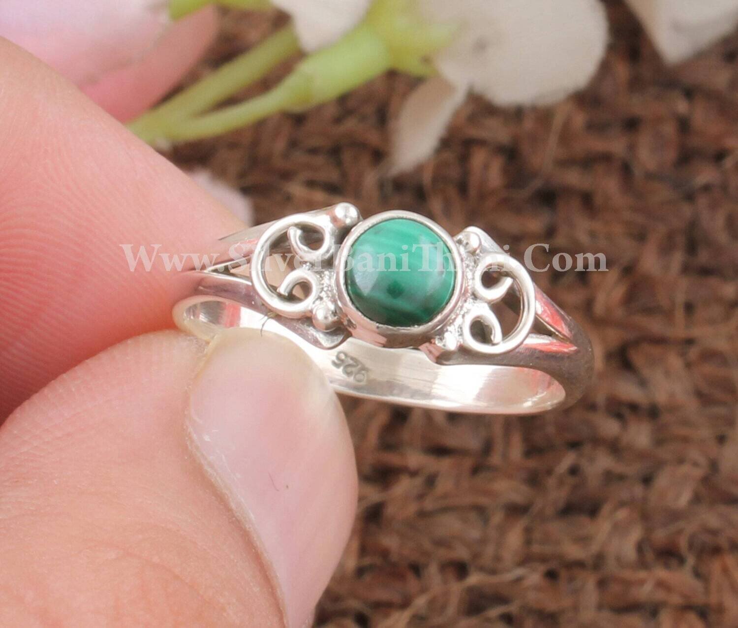 Malachite Round Shape Silver Ring | 925 Sterling Silver Ring | Handmade Bridal Jewelry | Present For Her | Women Wedding Jewelry Gift Idea