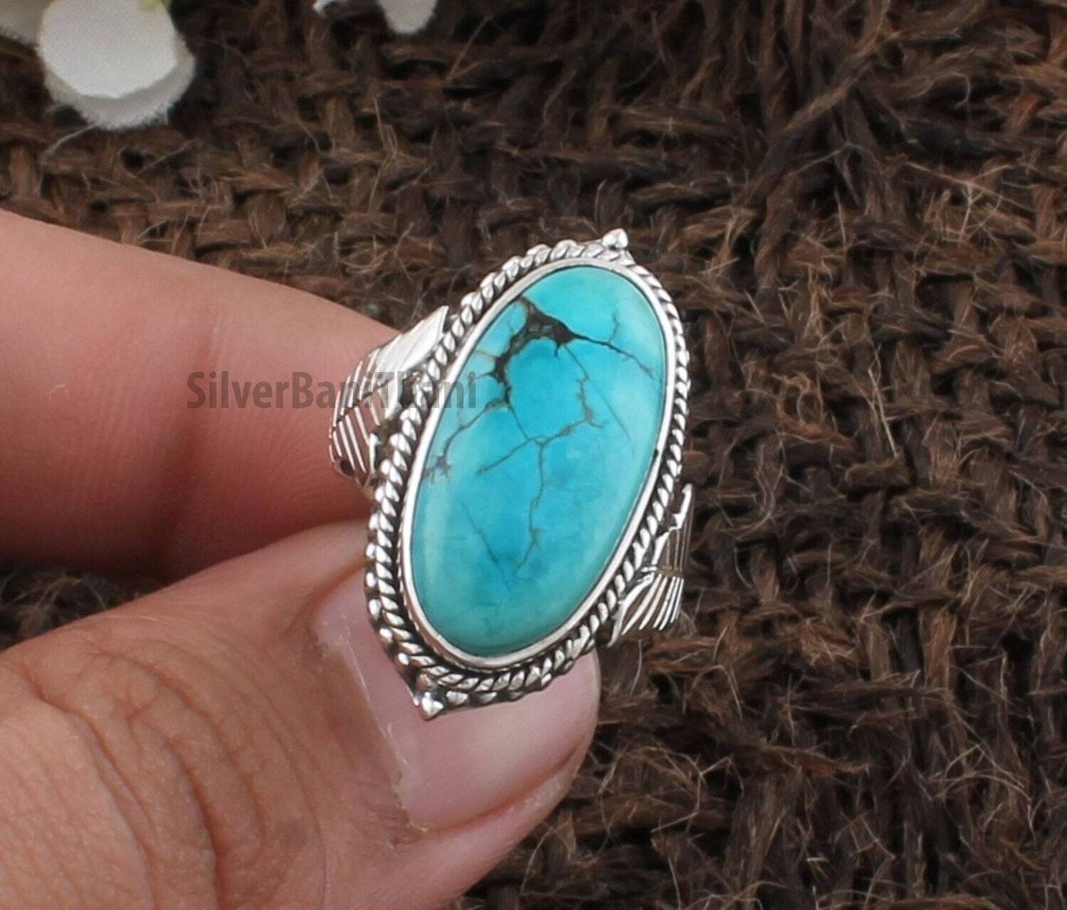 Turquoise Oval Shape Gemstone Silver Ring | 925 Sterling Solid Carved Leaves Silver Ring | Handmade Jewelry | Valentine's Day Ring Gift Idea