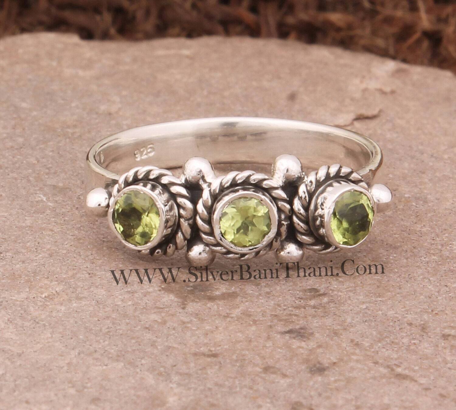 Three Gemstone Peridot Silver Ring 925 Sterling Silver Ring Twisted Wire Dotted Silver Ring Handmade Women Silver Jewelry For Women Gifts