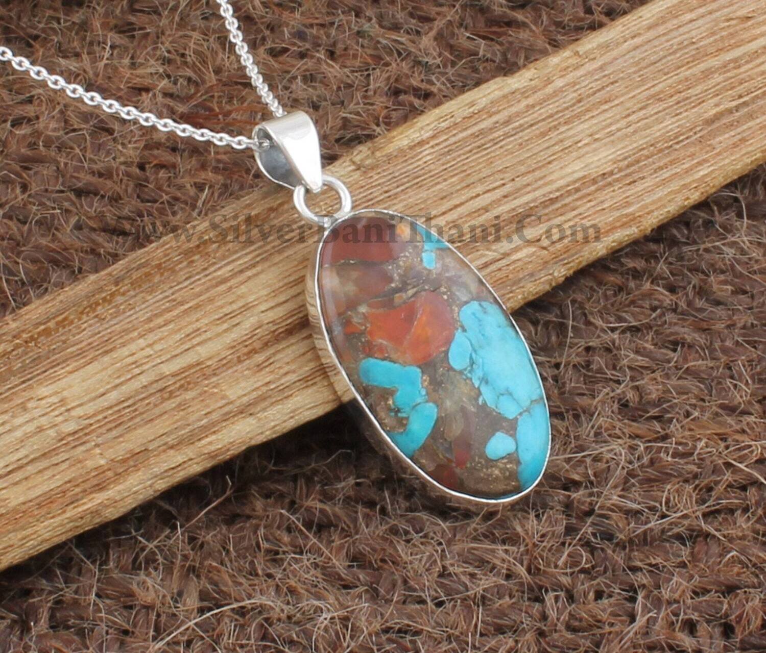 Composite Turquoise Gemstone Silver Necklace Pendant | 925 Sterling Silver Oval Shape Stone Necklace | Handmade Jewelry | Boho Jewelry Gift