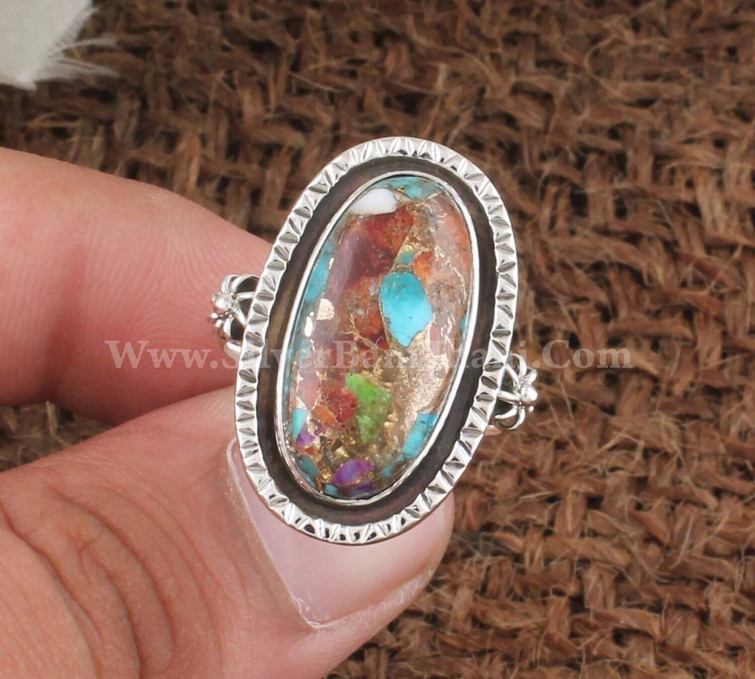 Mix Copper Turquoise Gemstone Silver Textured Ring | 925 Sterling Silver Oval Shape Gemstone Ring | Handmade Women Silver Jewelry Gift Idea