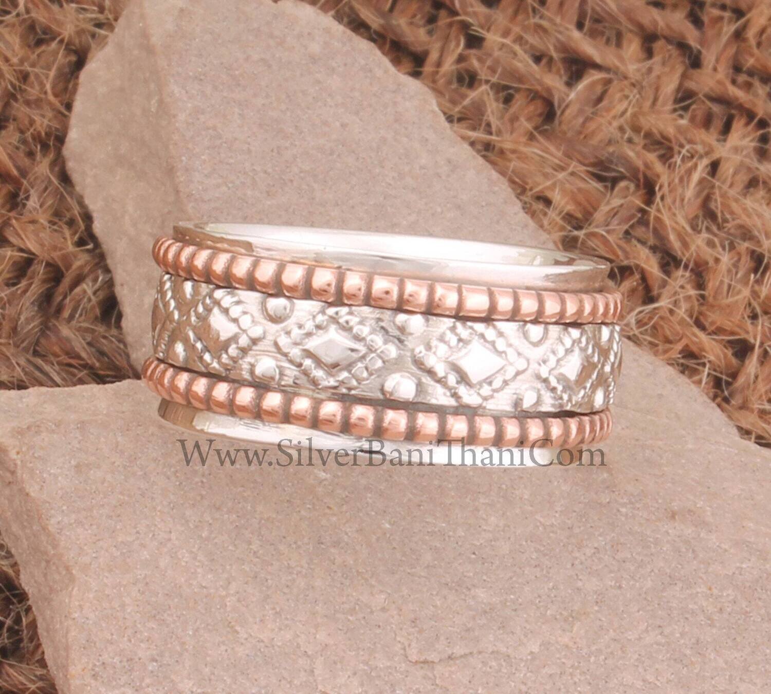 Solid 925 Sterling Silver Hammered Band Spinner Ring For Women Handmade Two Tone Three Fidget Anxiety Rings For Anniversary Gifts For Her