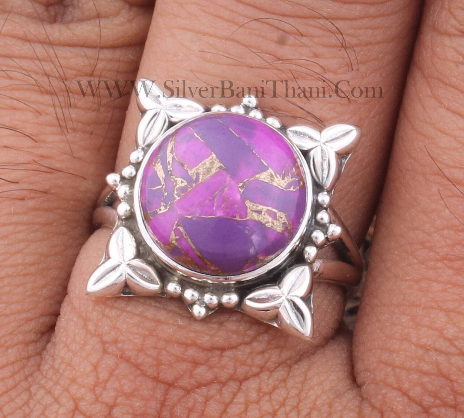 Flower Design Purple Copper Turquoise Round Gemstone Silver Ring | Solid 925 Sterling Carved Silver Ring | Handmade Women Wedding Ring For Anniversary Gifts Her