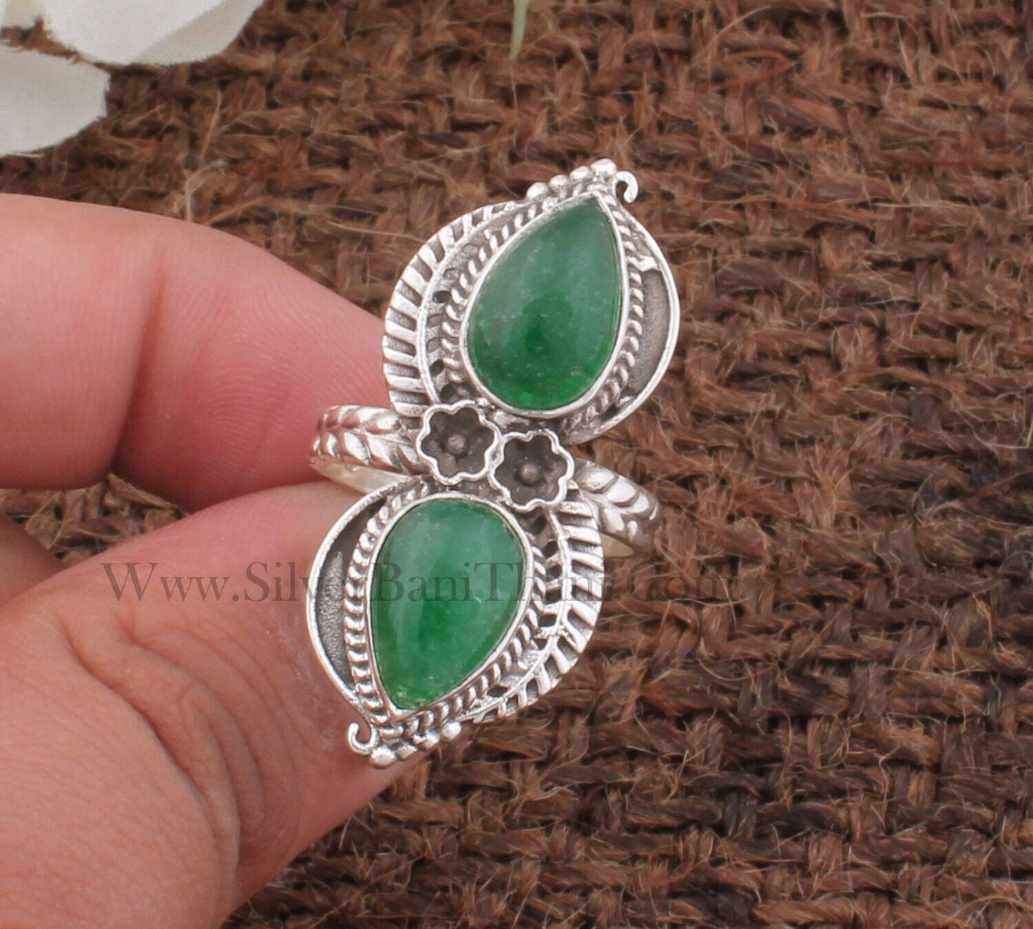 Green Jade Gemstone Silver Ring | 925 Sterling Silver Two Pear Shape Stone Ring | Handmade Carved Leaves Silver Ring | Wedding Jewelry Gift