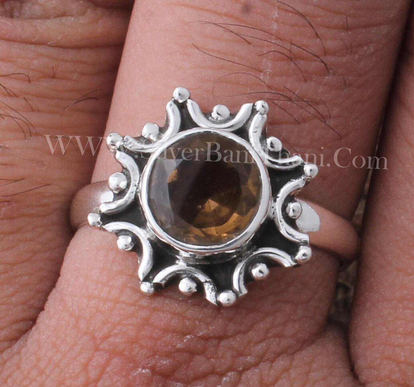 Flower Design  Smoky Quartz Round Shape Gemstone Ring | 925 Sterling Silver Stone Ring | Designer Handmade Wedding Jewelry Women Gift