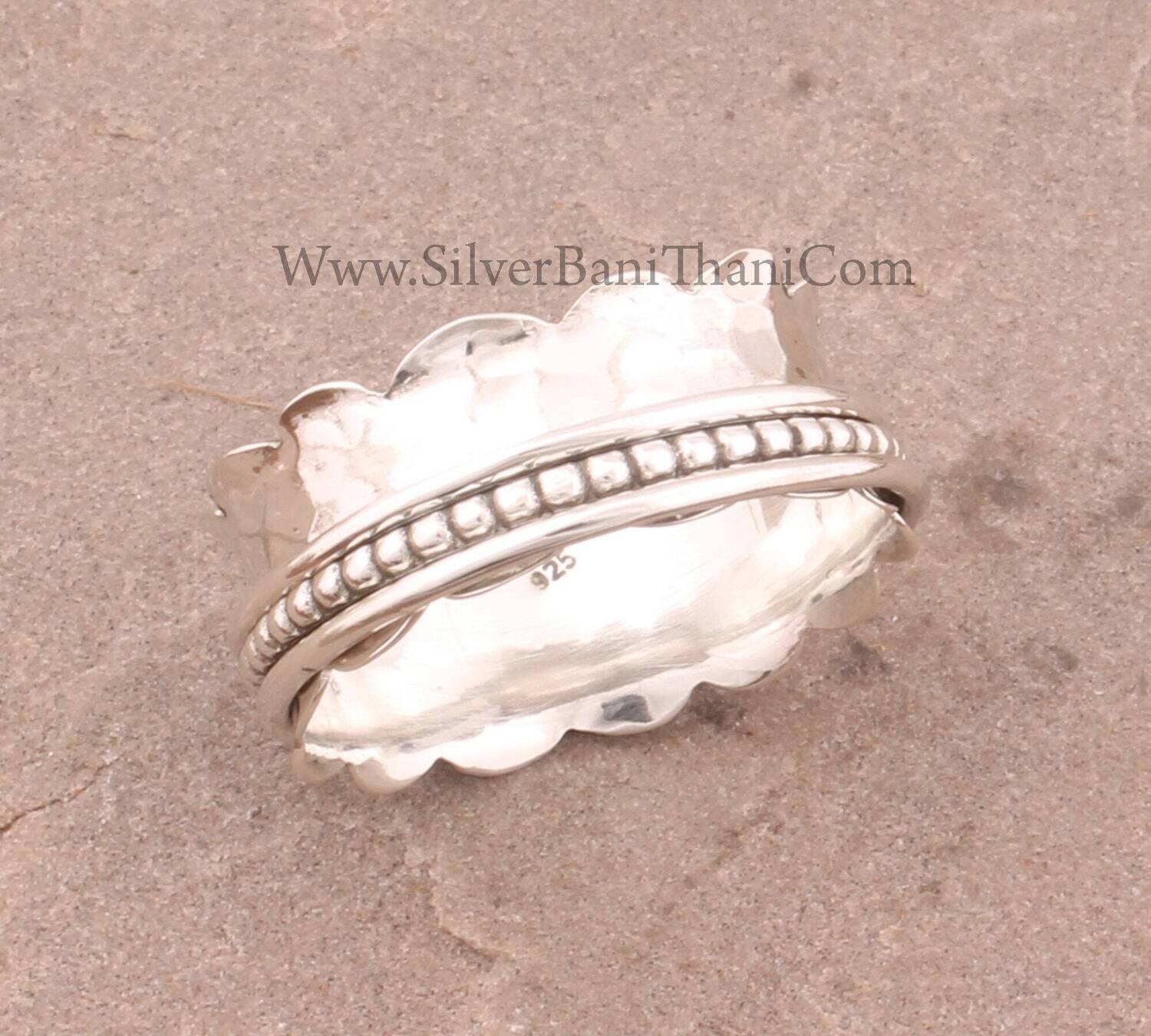 Wave Band 925 Sterling Silver Hand Carved Band Spinner Ring Hammered Silver Meditation Ring Birthday Jewelry Boho Worry Thumb Ring For Gift