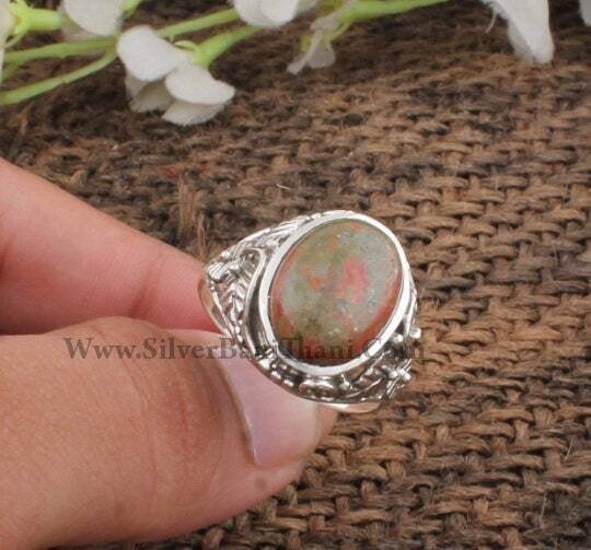 Unakite Ring-Oval Cabochon Stone Ring-Three Leaf Design Silver Ring-925 Sterling Silver Ring-Lovely Stone Ring-Scorpio Jewelry-Christmas2022