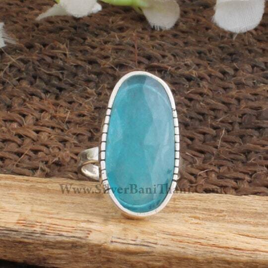 Blue Calci Gemstone Ring - 925 Sterling Silver Ring - Handmade Silver Ring - Oval Stone Ring - Middle Finger Index Ring - Gift For Her Mom