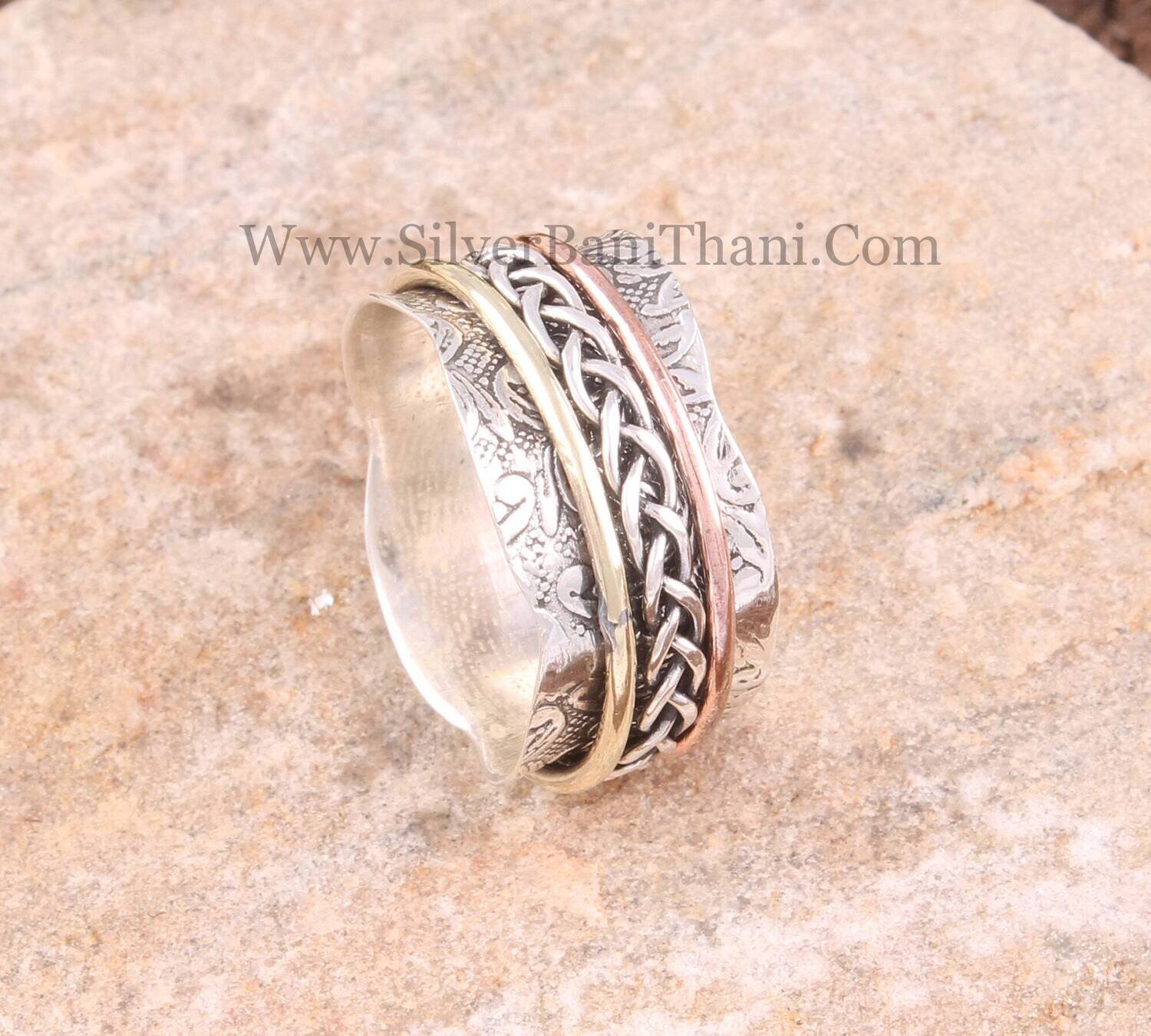 Solid 925 Sterling Silver Engraved Band Spinner Ring For Women | Handmade Three Tone Twisted Fidget Anxiety Rings For Anniversary Gifts Idea