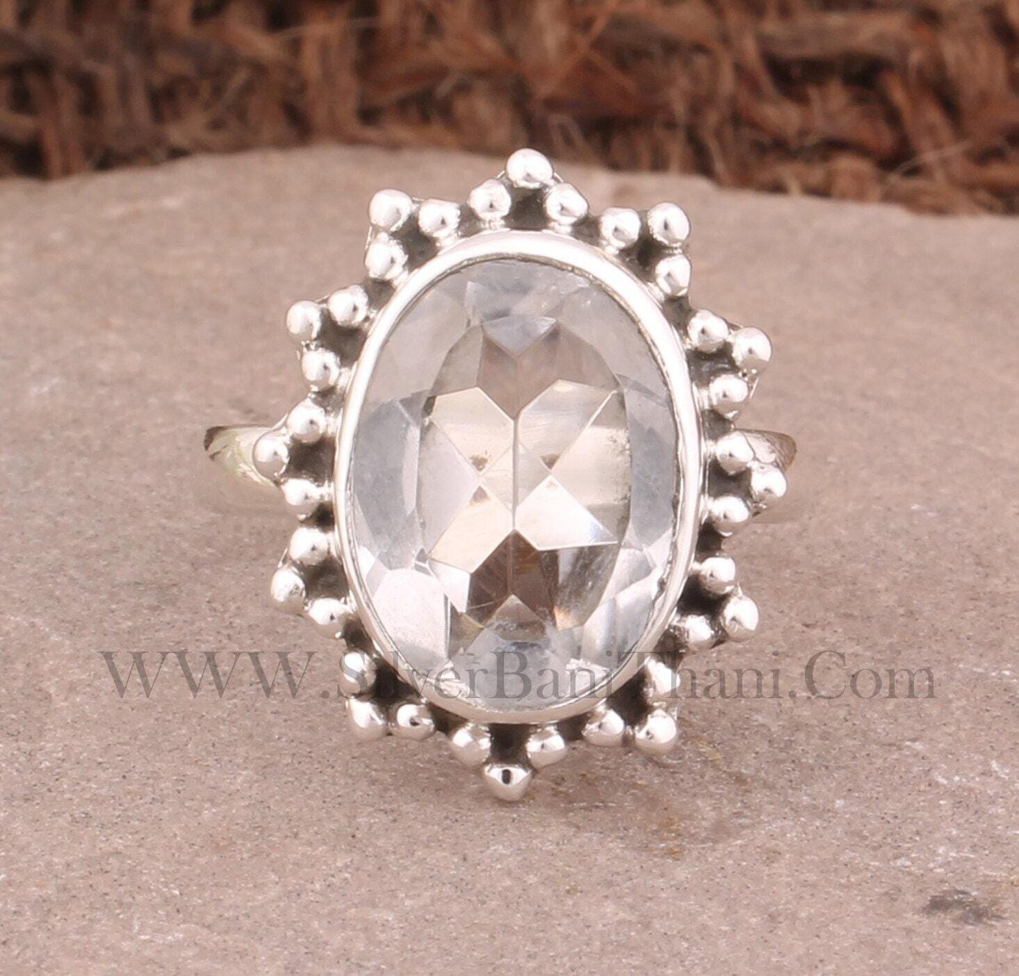 Crystal Quartz Gemstone Silver Ring | 925 Sterling Solid Silver Faceted Cut Oval Stone Ring | Dotted Flower Handmade Ring For Women
