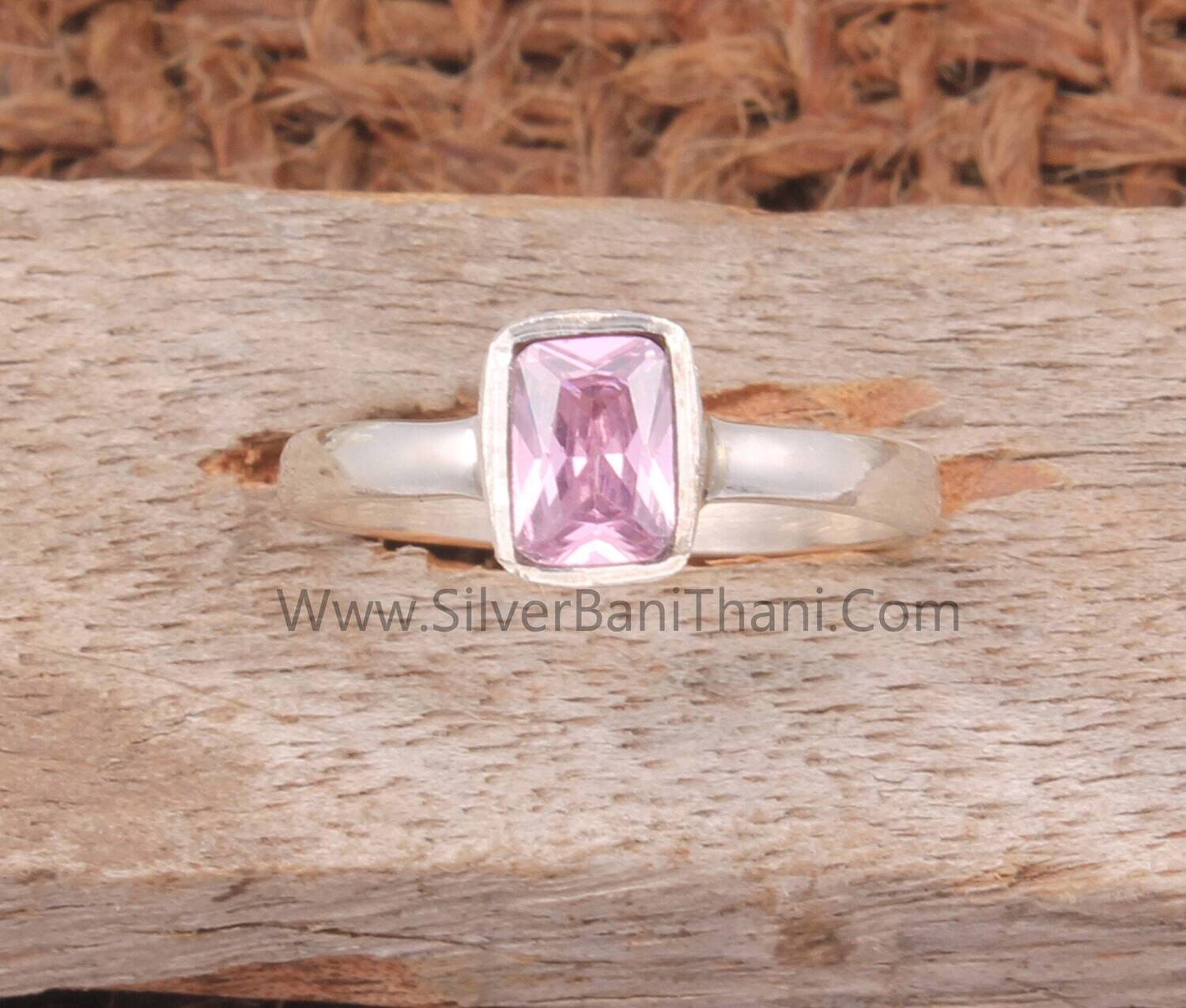 Pink Cubic Zirconia Solid 925 Sterling Silver Ring For Women | Handmade Baguette Cut Solid Silver Ring For Wedding Anniversary Gifts Idea