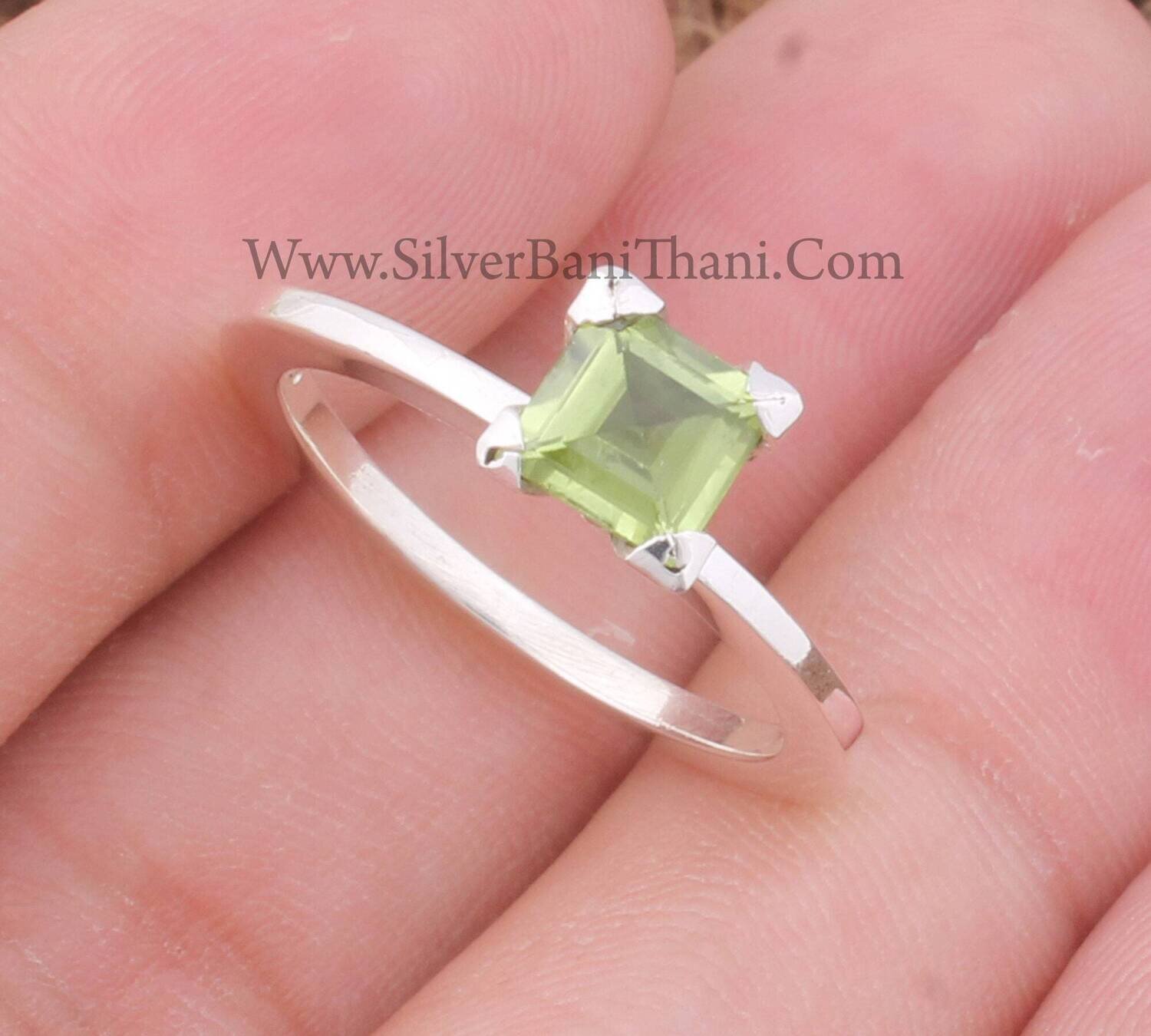 Peridot Prong Set Gemstone Silver Ring | 925 Sterling Silver Squire Cut Gemstone Ring | Designer Handmade Women Silver Jewelry Gift