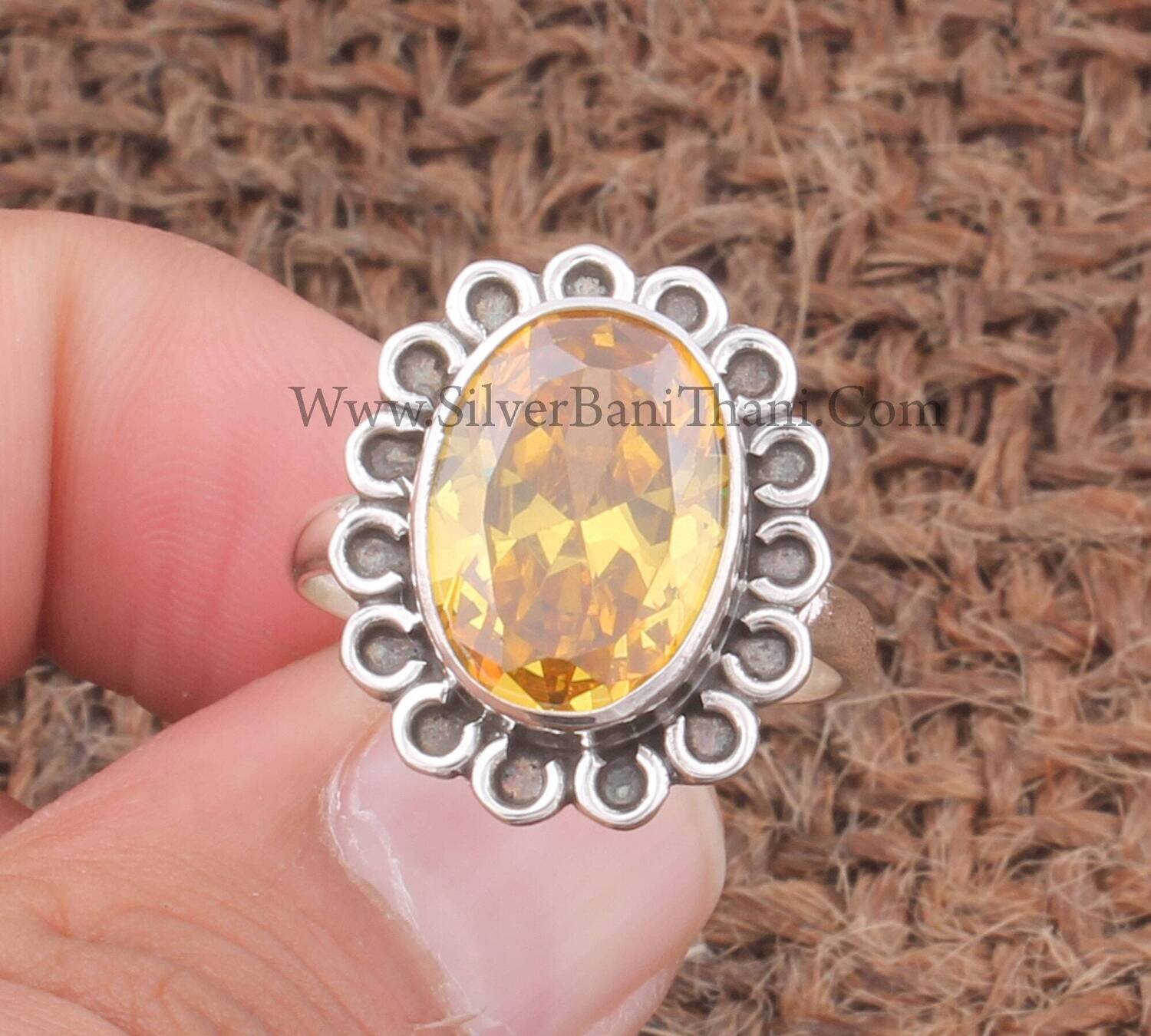Cubic Zirconia Yellow Oval Stone Solid 925 Sterling Silver Ring | Handmade Silver Floral Citrine Zircon Ring Jewelry Gifts For Her Birthday