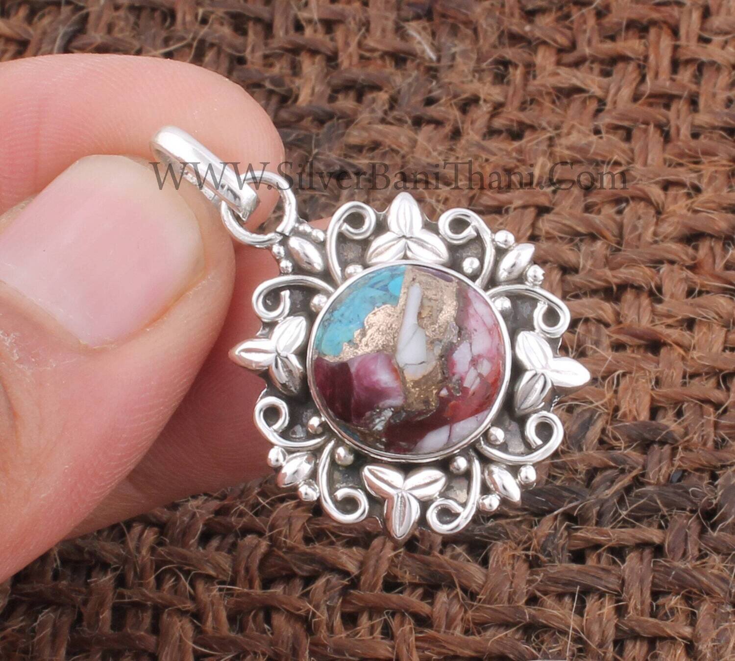 Round Shape Mix Spiny Copper Turquoise Gemstone Pendant | 925 Sterling Silver Solid Pendant | Flower Handmade Pendant | Jewelry For Weddings