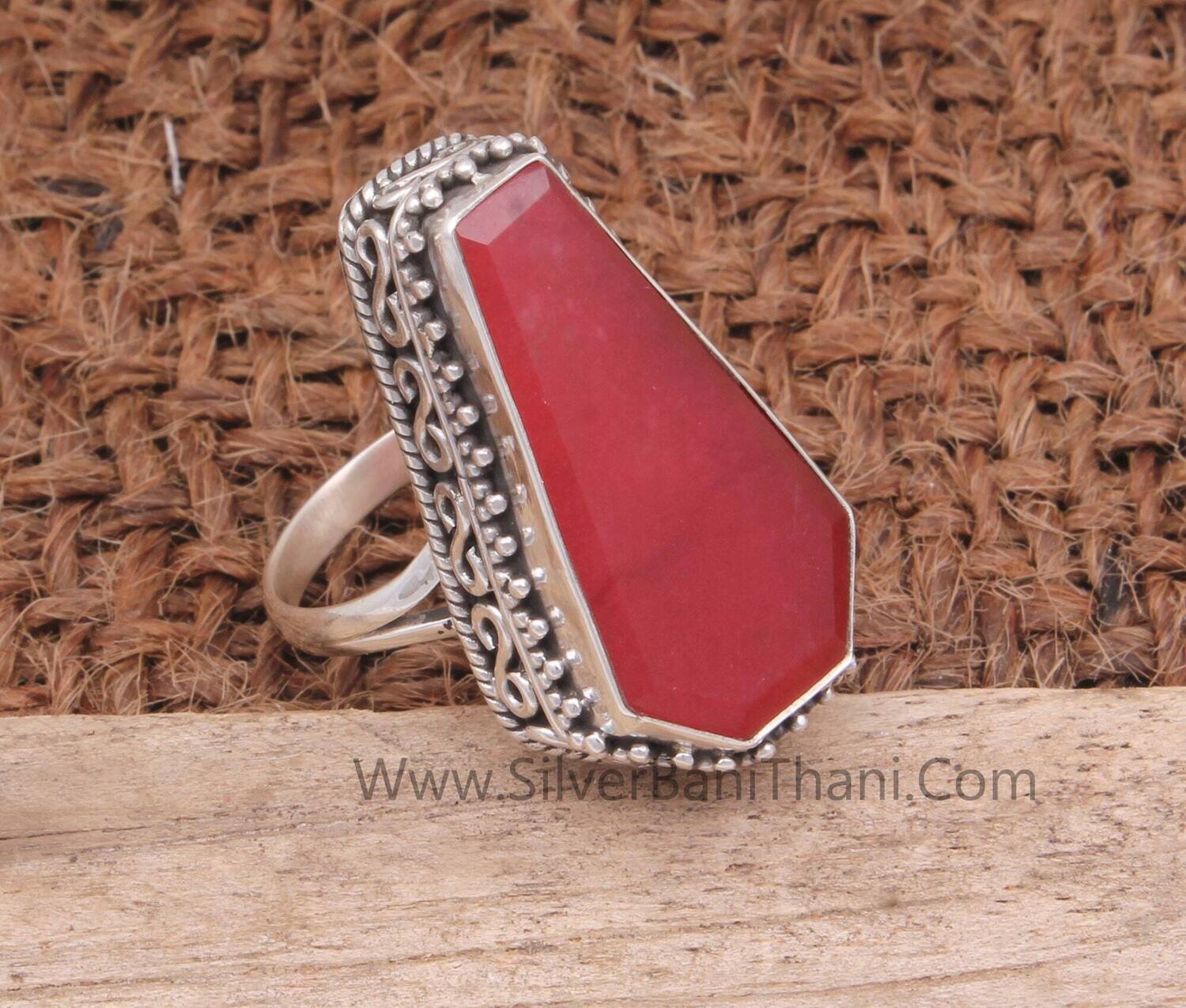 Red Jade Coffin Shape Gemstone Silver Ring | 925 Sterling Solid Silver Ring | Handmade Boho Silver Jewelry | Bridal Wedding Jewelry For Gift