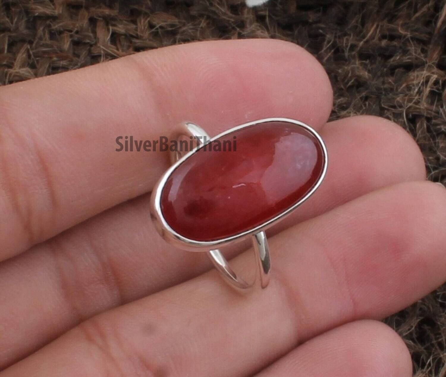 Red Jade Oval Shape Gemstone Silver Ring | 925 Sterling Solid Silver Ring | Handmade Boho Everyday Jewelry | Valentine's Day Ring Gift Idea