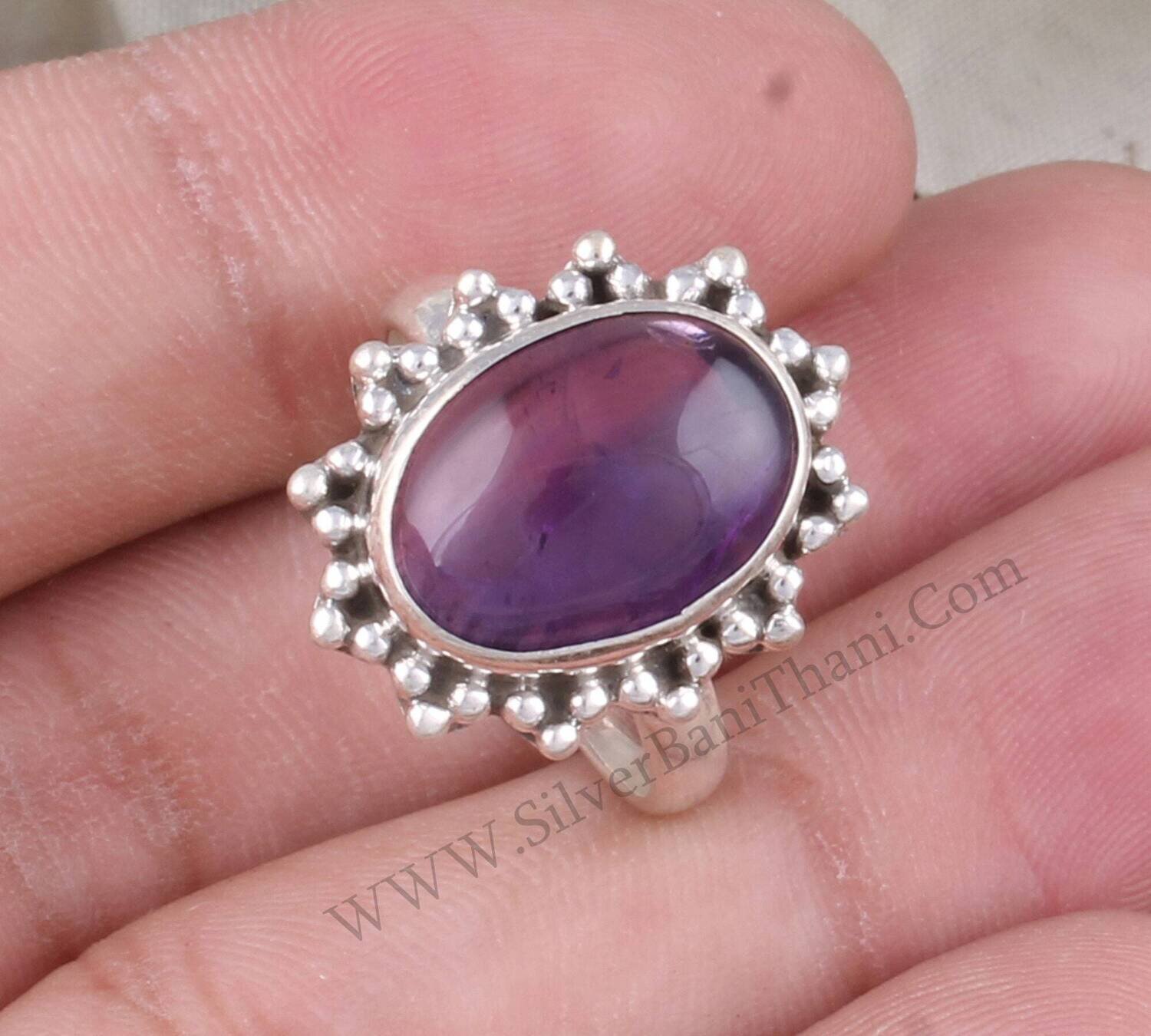 Purple Amethyst Solid 925 Sterling Silver Ring For Women | Handmade Oval Silver Floral Ring Gifts For Wedding Anniversary Birthday
