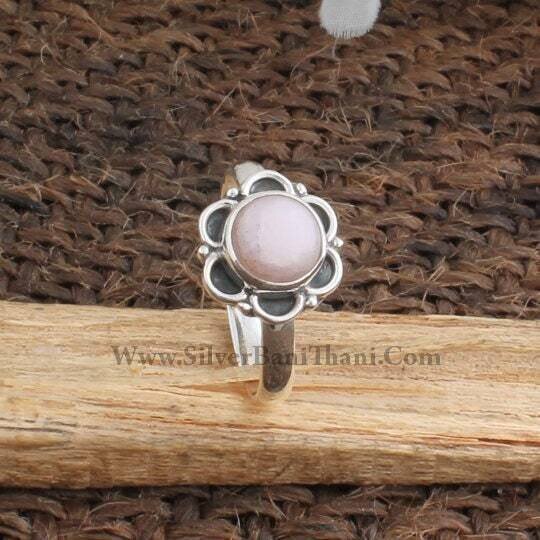 Pink Opal Gemstone Ring-Flower Design Silver Ring-Semi Precious Pink Stone Cabochon Ring-925 Sterling Silver Ring-Anniversary Gift Ring2022