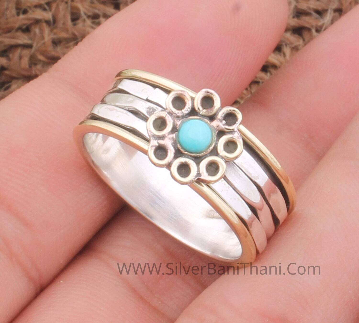 Turquoise Flower Hammered Spinner Ring 925 Sterling Silver &amp; Brass Two Tone Spinner Ring Meditation Ring Fidget Ring Boho Worry Ring Gift