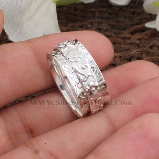 Spinner Ring-Band Ring-925 Sterling Solid Sliver Ring-Thumb Boho Ring-Flower Spinner Ring-Boho Solid Silver Ring-9 MM Width Spinner Ring2022