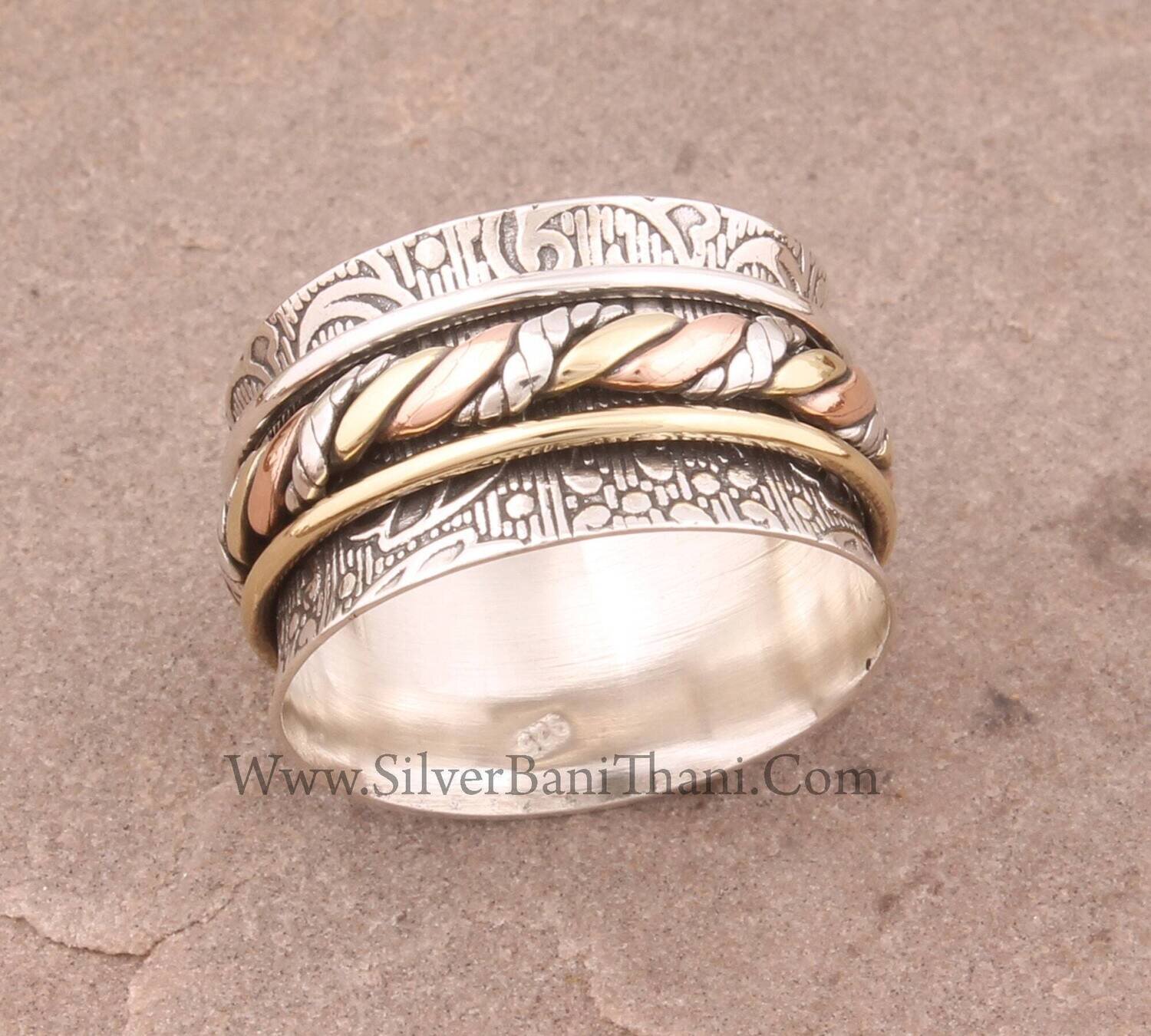 Solid 925 Sterling Silver Engraved Band Spinner Ring For Women Handmade Three Tone Twisted Fidget Anxiety Rings For Birthday Gift Bestseller