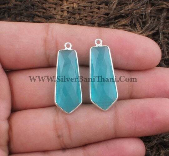 925 Sterling Silver Bezel Set Faceted Aqua Blue Chalcedony Earrings Pendant | Single Loop Gemstone Earrings Connector | DIY Jewelry Making