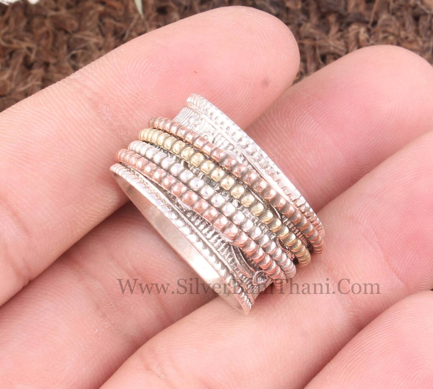 Solid 925 Sterling Silver Designer Engraved Band Spinner Ring For Women | Handmade Three Tone Four Fidget Anxiety Ring For Anniversary Gifts