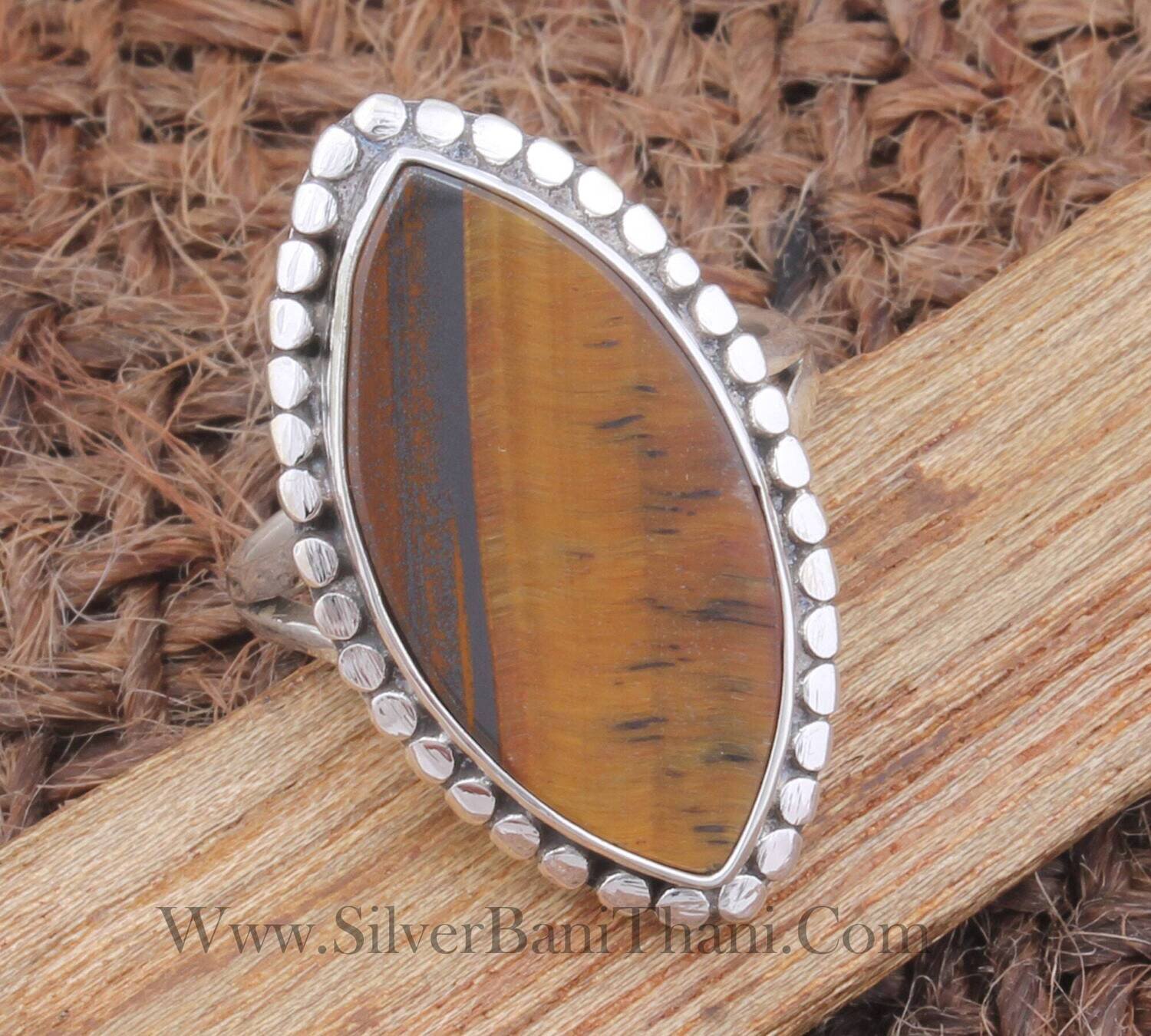 Tiger's Eye Solid 925 Sterling Silver Ring For Women | Handmade Solid Silver Dotted Band Ring For November Birthstone Anniversary Gifts2022