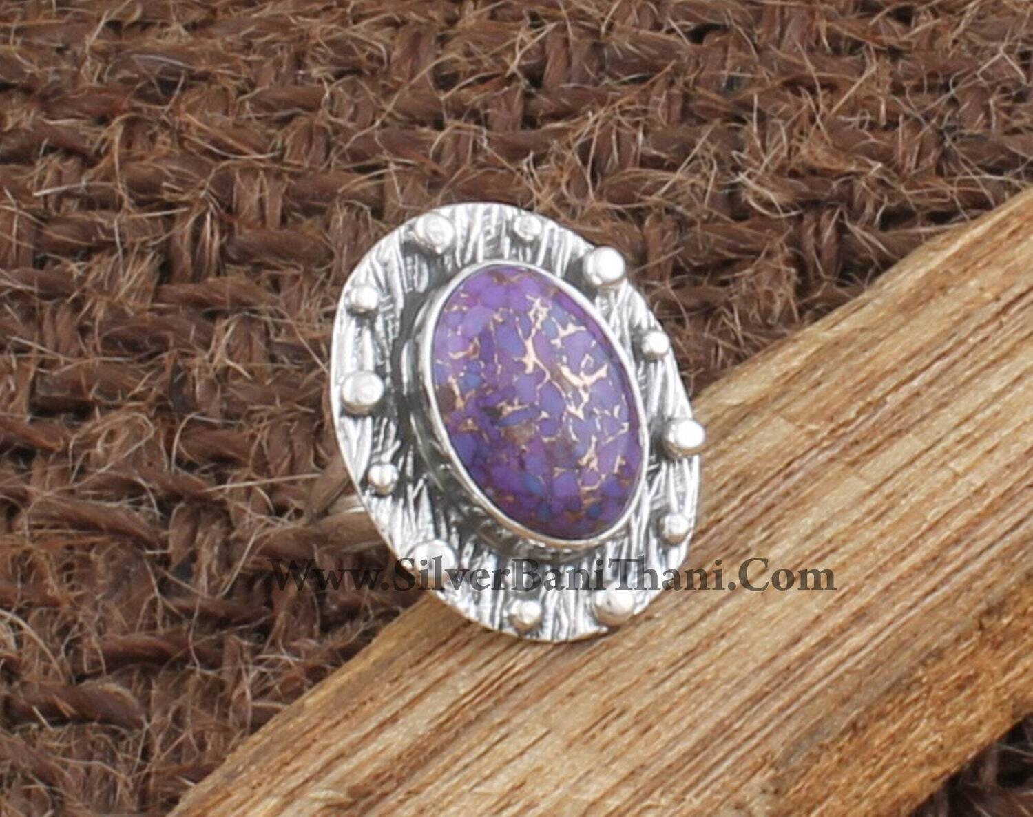 Purple Copper Turquoise Oval Gemstone Silver Ring | 925 Sterling Solid Designer Carved Silver Ring | Handmade Women Wedding Ring | Gift Idea