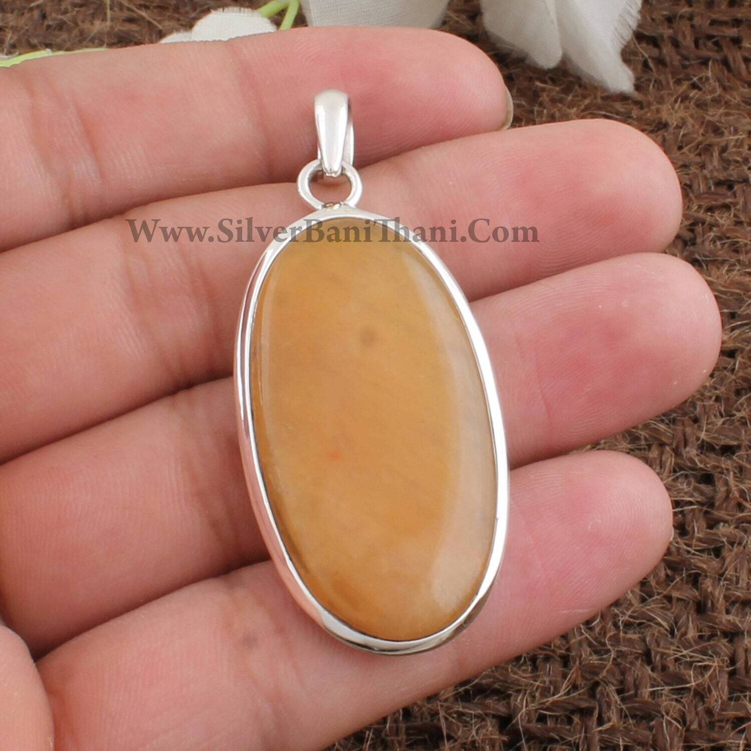 Yellow Jade Oval Gemstone Pendant | 925 Sterling Silver Pendant | Designer Boho Silver Handmade Pendant | Girls Wedding Jewelry Gift For Her
