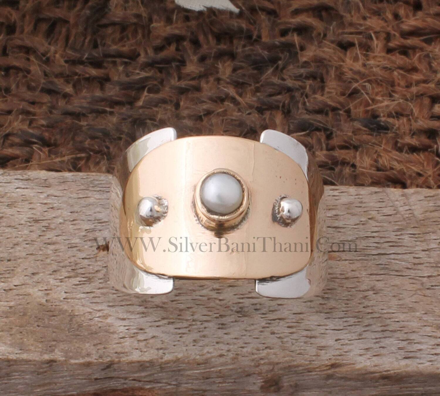 925 Sterling Solid Silver &amp; Brass Pearl Silver Ring | Handmade Round Gemstone Ring | Bridal Wedding Rings | Two Silver Dotted Design Ring