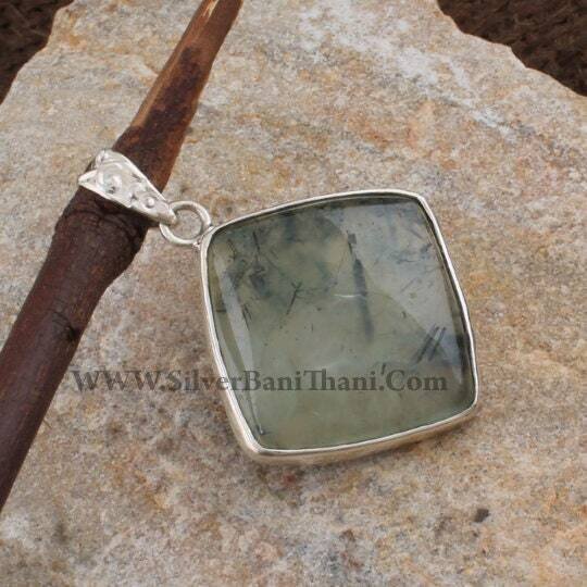 Garden Quartz-Square Cabochon Pendant 925 Sterling Solid Silver Pendant-Green Color Pendant-Malachite Pendant-Long Square Bride Pendant2022