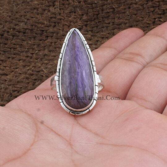 Charoite Gemstone Silver Ring - 925 Sterling Silver Pear Shape Cabochon Silver Ring - Designer Handmade Ring  - Women Wedding Jewelry Gift