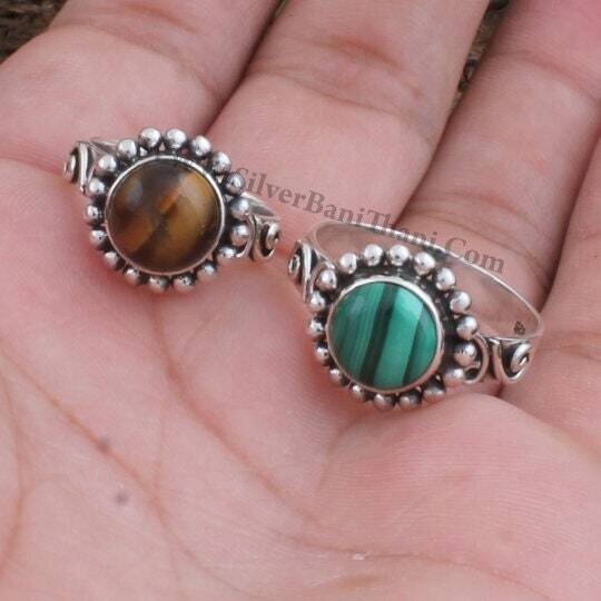 Tiger Eye & Malachite Gemstone Ring | 925 Sterling Silver Round Stone Rings | Designer Handmade Combo Ring | Women Wedding Jewelry Gift Idea