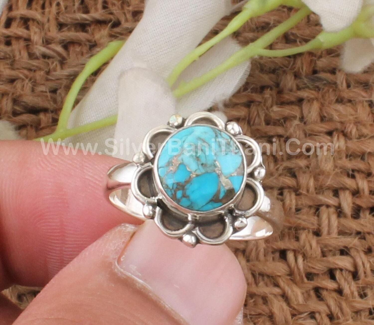 Blue Copper Turquoise Round Gemstone Silver Ring | 925 Sterling Solid Designer Floral Carved Silver Ring | Handmade Antique Silver Ring Gift