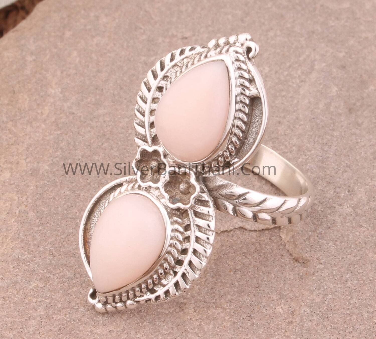 Pink Opal Gemstone Silver Ring | Two Pear Shape Gemstone Ring | Handmade Carved Leaves Silver Ring | Women Wedding Jewelry Gift 2022 Etsy