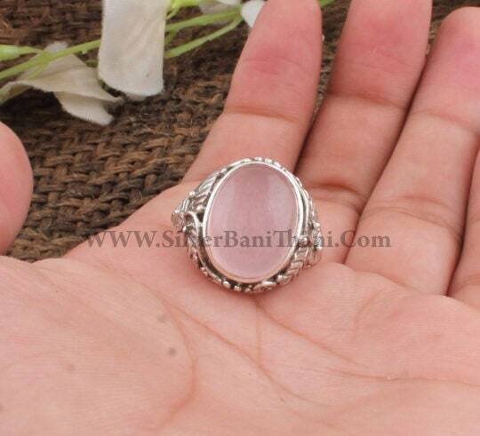Lovely Rose Quartz Gemstone Ring-Vine Leaf Design Silver Ring-Rare Gemstone-Oval Stone Semi Precious Cabochon Ring-Christmas Gift Item Ring