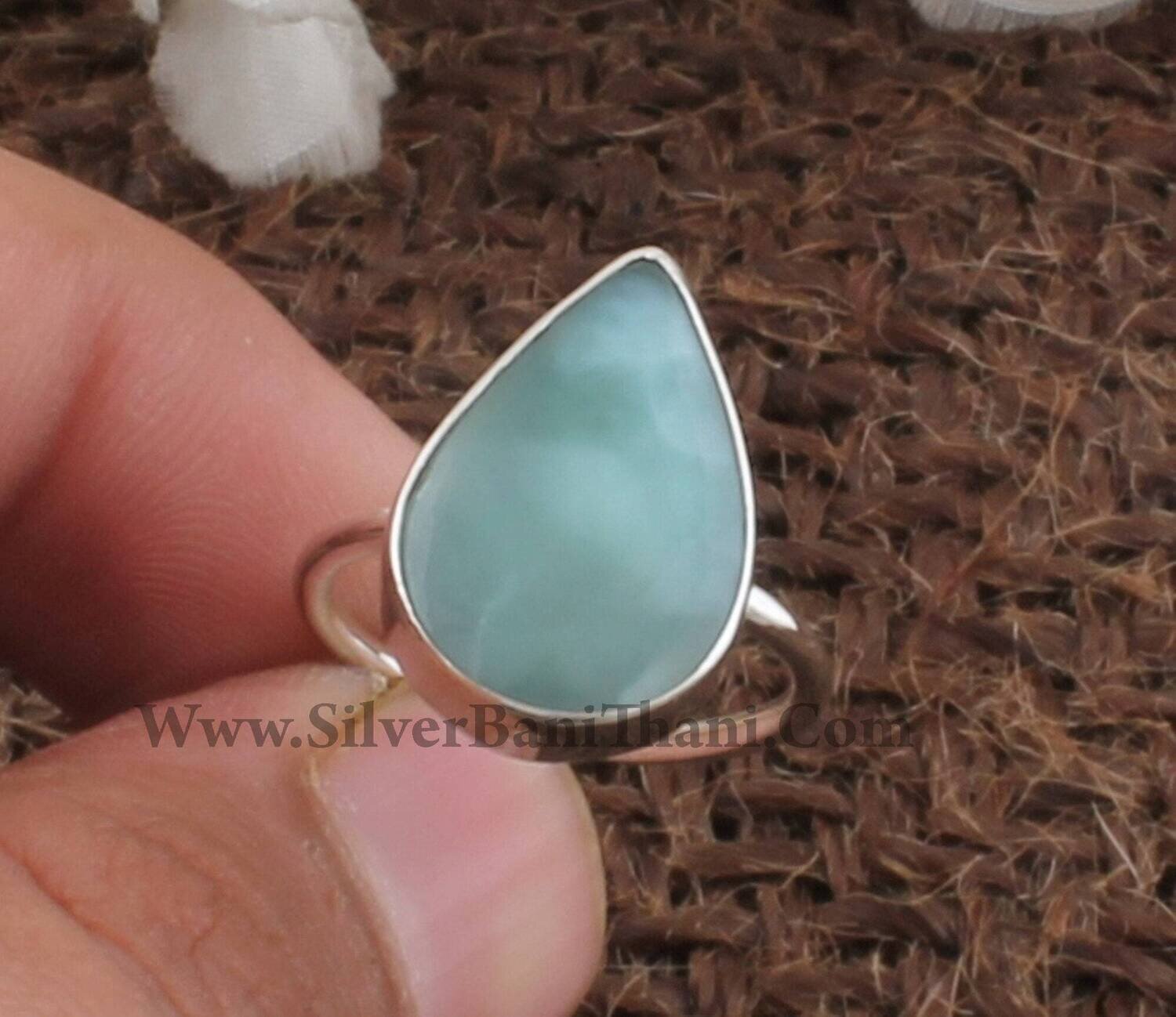 Larimar Silver Stone Ring | 925 Sterling Solid Silver Pear Shape Gemstone Ring | Handmade Ring | Everyday Jewelry Mother's Day Gift