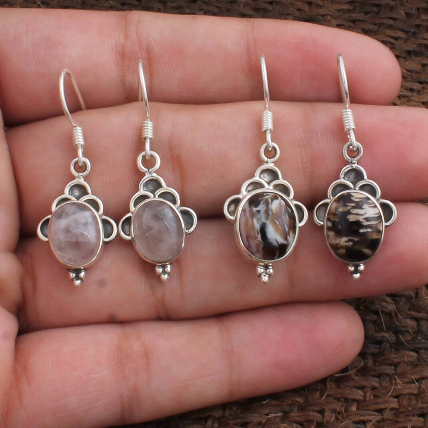 Oval Stone Earring, Dangle Silver Earring, Oval Shape Cabochon Earring, Gift For Friend, Handmade Earring, Personalized Gift,