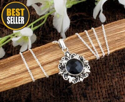 Black Onyx Gemstone Necklace Pendant | 925 Sterling Silver Necklace Round Shape Cut stone Pendant | Designer Handmade Wedding Jewelry | Anniversary Gifts Idea